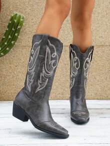 女士西部牛仔靴，新款欧美西部风格，饰以传统刺绣，假日休闲方头低跟靴底，防滑耐磨，不易疲劳，适合牧场文化牛仔派对和街头文化时尚日常节日穿着。 - 灰色 - 查看 3
