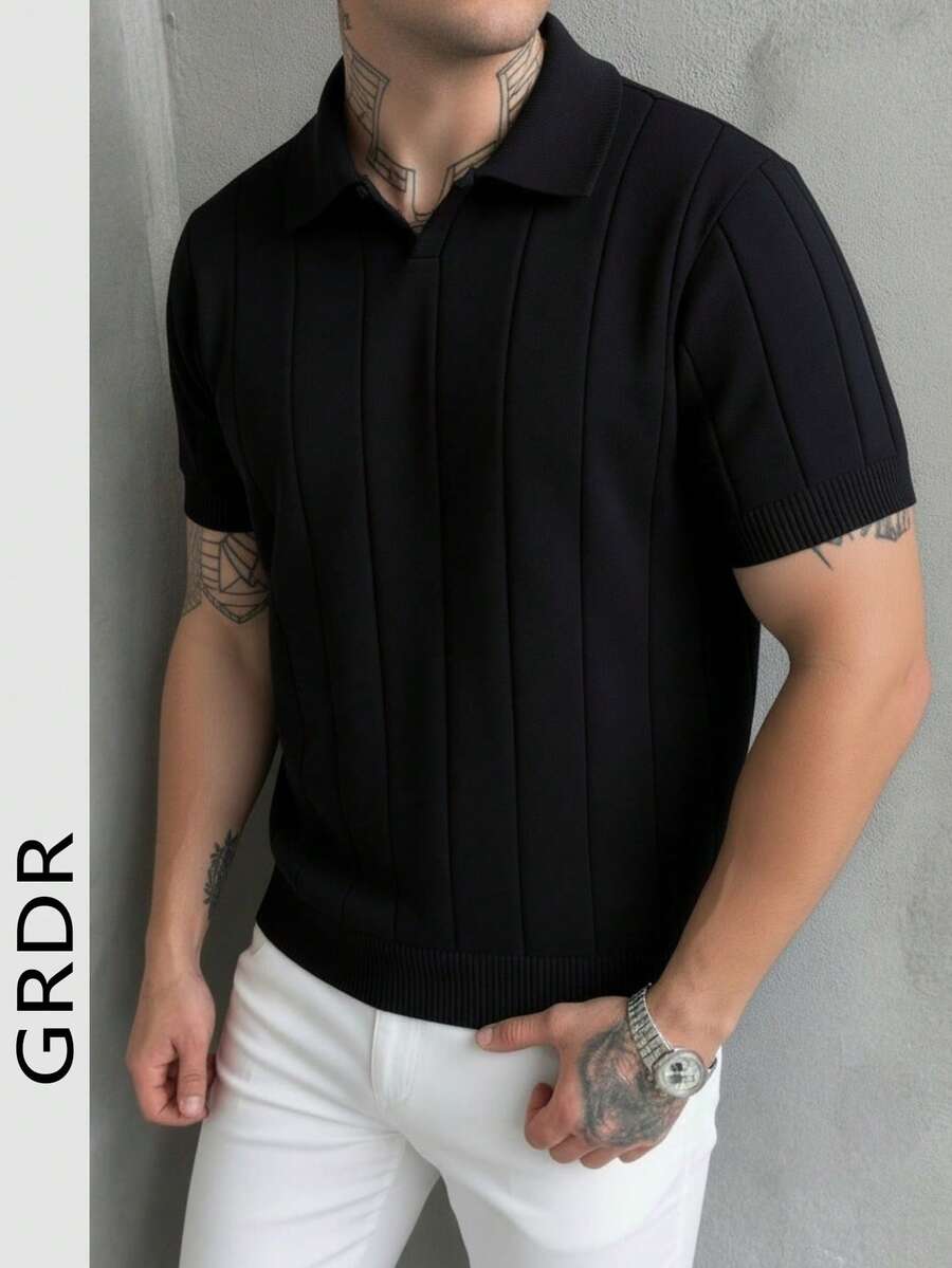GRDR 男士夏季翻领罗纹针织短袖衬衫，经典纯色商务休闲上衣 - 黑色 - 查看 1