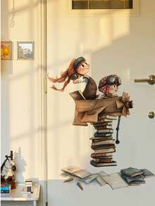 1pc Cute Pilot Girl Reading Book Airplane Stacked Books Wall Decal, Removable Wall Sticker For Bedroom, Living Room, Nursery - Brown - View 4
