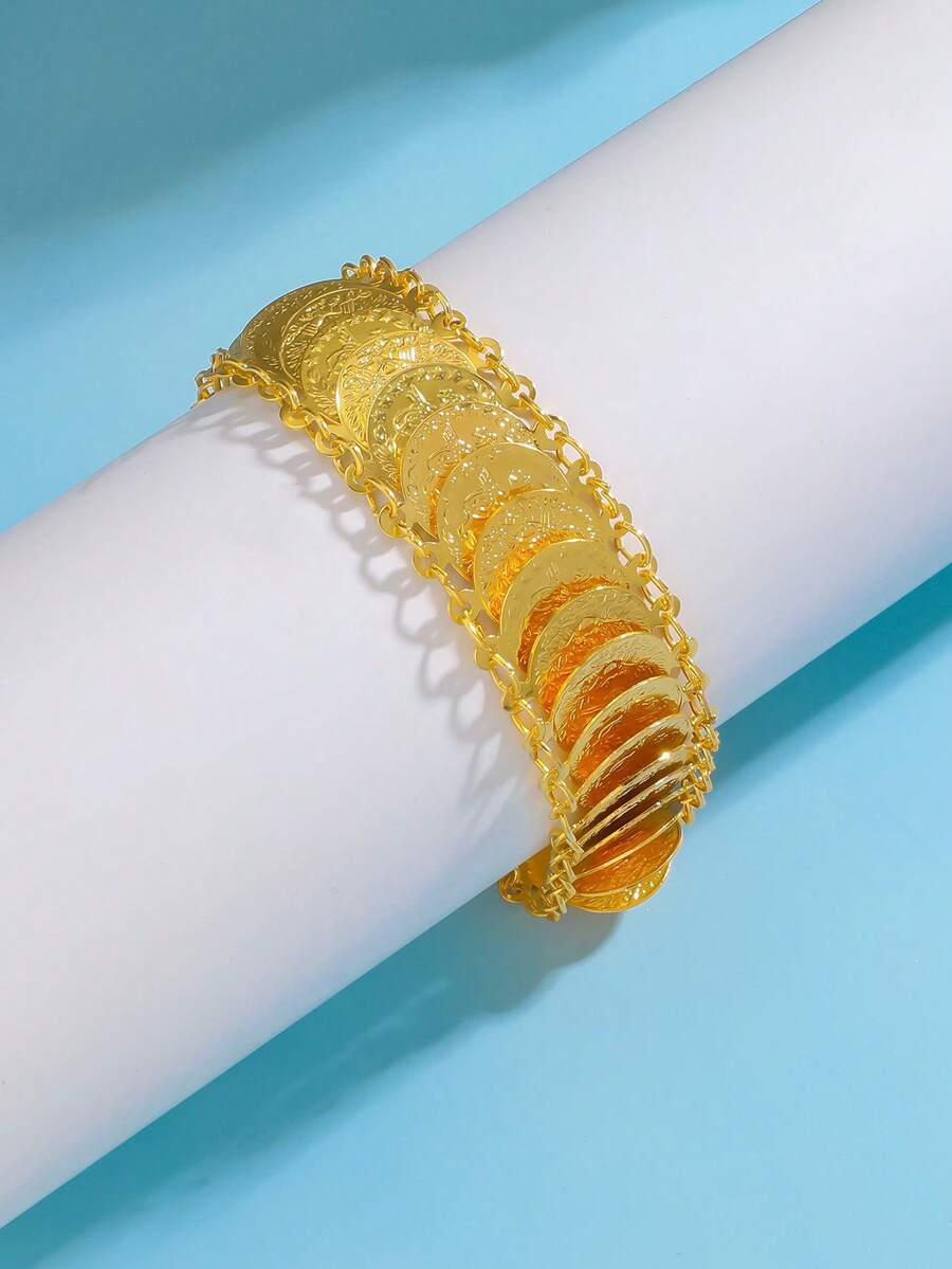 1 件奢华手工迪拜阿拉伯婚礼珠宝硬币镀金手链、手镯女士礼物 - 金色 - 查看 1