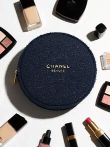 CHANEL Limited Edition Navy Blue Embossed Wool Round Cosmetic Bag, With Gold Logo And Camellia Zipper Pull, Luxury Makeup Pouch - Navy Blue - View 8
