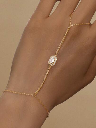 SereneSpark 1PC 925 Sterling Silver Dainty Marquise Ring Bracelet Hand Chain For Women Dainty Cubic Zirconia Bracelet And Ring Chain Body Jewelry Daily Wear Wedding Party Engagement Anniversary Valentine's Day