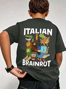 Tween Boy "Italian Brainrot" Graphic Print Round Neck Short Sleeve T-Shirt, Fashion Boys Summer Top - Dark Grey - View 3