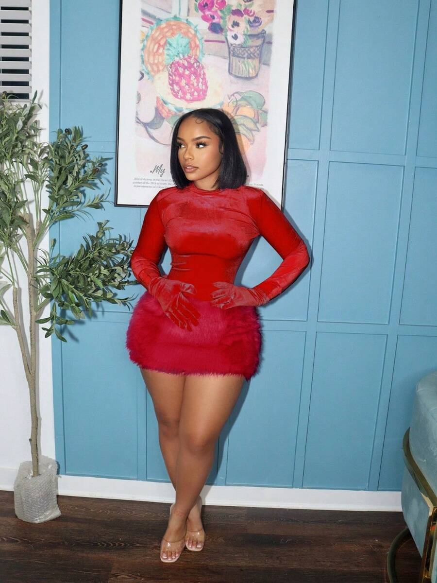 Women's Two-Piece Set, Simple Solid Color, Fashionable, Elegant And Comfortable, Sexy Skirt Set, Tight , Sexy Plush Skirt Set. - 紅色 - 查看 1