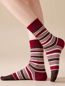 yuluan 1 Pair Women's Cotton Stripe Mid-Calf Socks, Breathable Moisture-Wicking Odor-Resistant Five Finger Socks, Elastic & Seamless, Multi-Color, Suitable For Spring, Summer, Autumn - Multicolor - View 4