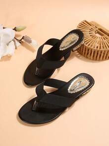 青少年时尚鞋履，黑色夏季鞋履，仿编织鞋，女童户外平底鞋，休闲沙滩凉鞋，人字拖 - 黑色 - 查看 2