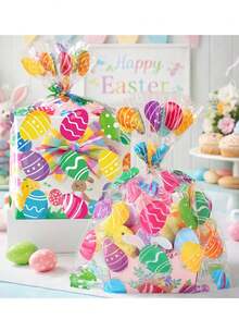 10pcs Easter Bunny & Egg Pattern Gift Bags, Made Of Transparent Material, Printed With Bunny And Egg Patterns, And Comes With Ribbons. These Flat Bags With Bunny And Egg Patterns Are Suitable For Easter, Birthday Parties, And Spring-Themed Parties. - Multicolor - View 5