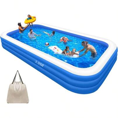 Piscina Inflable 390x195x60, Alberca Inflable Familiares Triple Rectangular con Bolsa de Almacenamiento, Jardn, Acutica de Verano, Piscina Inflable al Aire Libre