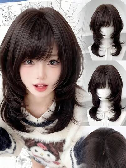 18英寸高层次鲻鱼头狼尾发型黑色假发，带刘海，适合女性日常派对、角色扮演等场合。