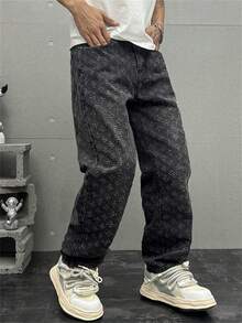 Jeans rectos, sueltos y sin estiramiento de cintura media con tejido de ganchillo de moda para hombres - Negro - Ver 5