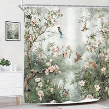 复古花鸟图案浴帘，适合浴室装饰，亚洲风格，充满活力的花卉、植物、枝条、牡丹自然艺术印花，涤纶防水面料，配塑料挂钩，适用于家居、酒店、度假村，亦可作为礼物。 - 彩色 - 查看 3
