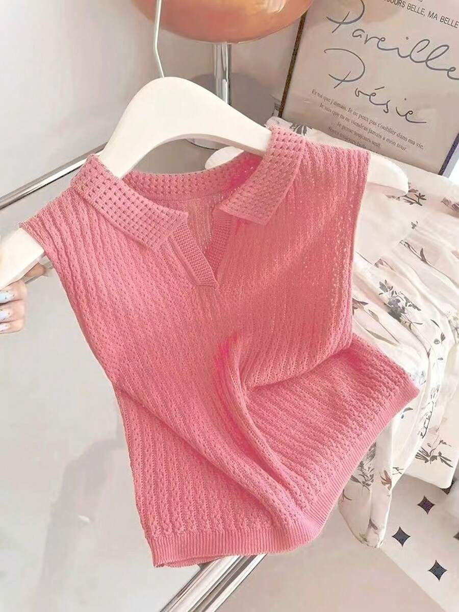 可爱针织镂空 Polo 领无袖背心 - 粉色 - 查看 1