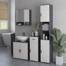 Narrow Bathroom Cabinet, Tall Cabinet/Toilet Unit With Adjustable Shelf And 2 Open Compartments, Ideal For Small Spaces, Bathrooms, Living Rooms, 30 X 30 X 183 Cm, Grey - Black and White - View 7