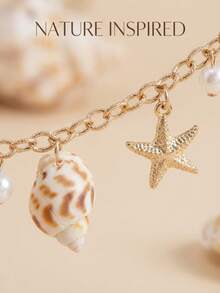 1pc Gold Starfish & Seashell Pearl Pendant Waist Chain, Pearl Belly Chain, Boho Shell Body Jewelry, Summer Beach Accessory - Gold - View 3