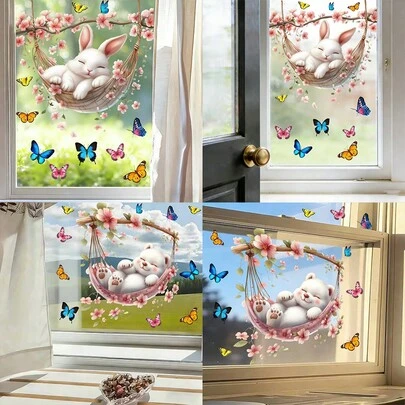 1/4pcs Spring Animals Window Decals, Sleeping Bunny Bear Butterfly Flower Glass Decal, Reusable Non-Adhesive Static Cling Sticker For Home Kitchen Glass Door Decoration.