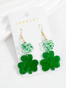 1 Pair Elegant Acrylic Glitter Four-Leaf Clover Earrings, Decorated With Bow, Stainless Steel Earring Hooks, Holiday Party Accessory For St. Patrick's Day Celebration - Green 6 - View 3