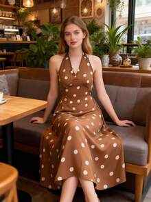 Women's Summer Vintage Polka Dot Halter Neck Midi Dress, Sleeveless Casual Daily Vacation Beach Dress Party Elegant - Brown - View 9