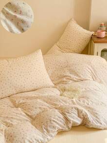 5件套花卉图案床上用品，包括1个被套、1个床单和2个枕套，精致的叶子图案，柔软保暖的聚酯纤维，透气性好，四季皆宜，被套和枕套不含填充物。 - 淡黃色 - 查看 4