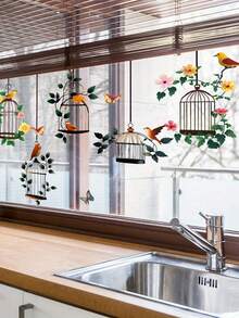 Bộ 1 miếng dán cửa sổ hình giỏ treo, lồng chim, bướm và hoa theo phong cách tối giản sáng tạo, trang trí phòng ngủ và phòng khách, trang trí tường, họa tiết chim và bướm mùa xuân. - Nhiều màu - Xem 3