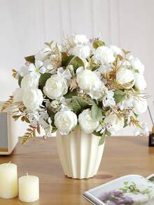 1pc/3pcs Purple Artificial Hydrangea Peony Rose Flower Bouquet, Home Decor, Wedding Bridal Bouquet, Valentine's Day Gift - White - View 4