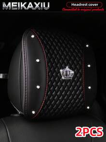 MEIKAXIU 1/2pcs Soft Leather Embroidered Rhinestone Bling Bling Crown Car Headrest Cover, Comfortable Car Decor Accessories - PU Leather Color-blocked Embroidered Diamond Crown - View 23