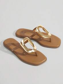Rihero Flip Flops For Women Comfortable Square Toe Flat Sandals Slip On Summer Beach Slide Sandals With Metal Decoration - Tan - Xem 3