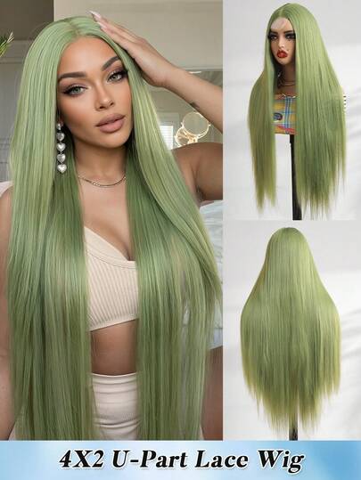 32Inch Extra Long Grass Green Women's Wig, Straight Hair No Bangs Wig 4X2 U-Shaped Lace Wig Synthetic Fiber Material, Natural Appearance, Suitable For Daily, Party, Easy To Wear Mid Split Wig, Heat-Resistant Synthetic Fiber Wig, Role-Playing Wig For St. Patrick's Day