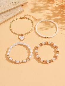 4件套时尚手工串珠手链套装，珍珠设计，心形吊坠，多层波西米亚风首饰，适合女性日常佩戴 - 白色 - 查看 2