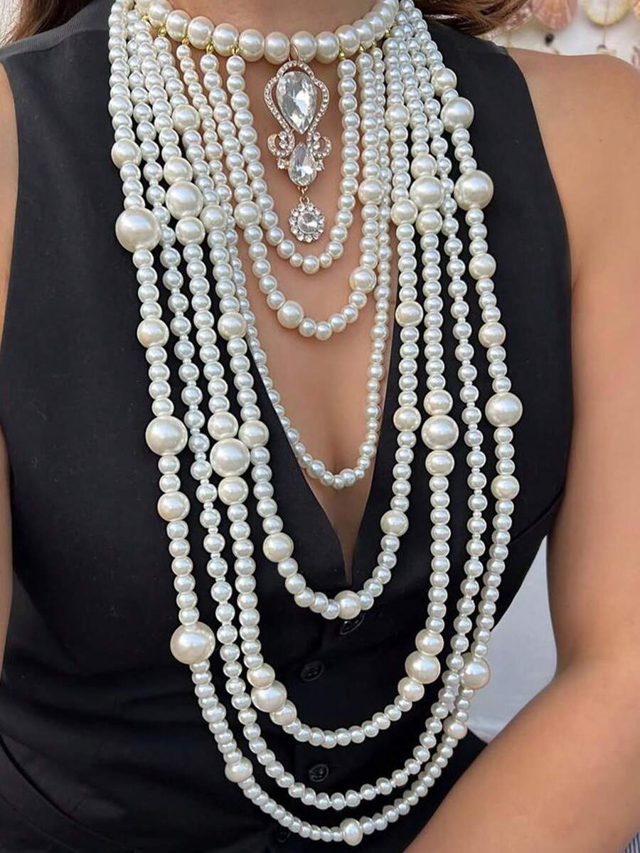 1件复古水滴花朵仿珍珠吊坠项链，巴洛克风格多层串珠流苏项链，适合女性节日、派对、约会佩戴，可作为情人节、母亲节、周年纪念日礼物或珠宝礼品。 - 白色 - 查看 1