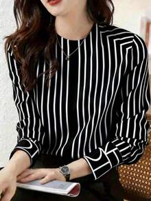 女士优雅休闲长袖条纹衬衫，适合办公室、度假、日常穿着、机场、春秋季穿着，黑色 - 黑色 - 查看 1