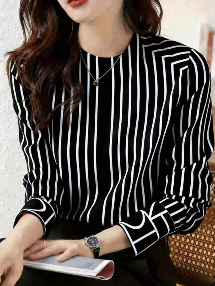 女士优雅休闲长袖条纹衬衫，适合办公室、度假、日常穿着、机场、春秋季穿着，黑色 - 黑色 - 查看 1