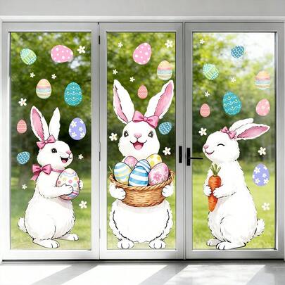 1/3pcs Easter Bunny Window Clings, Holding Easter Egg Cute Design, Double-Sided Visible PVC, Suitable For Doors, Windows, Shops, Spring, Easter Holiday Decor Stickers, Creative Gift