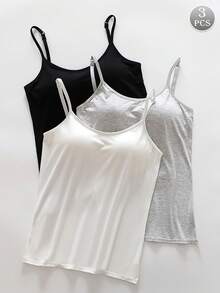 3pcs Women Seamless Camisole Vest Tops, Padded Bra With Spaghetti Strap, Multi-Color