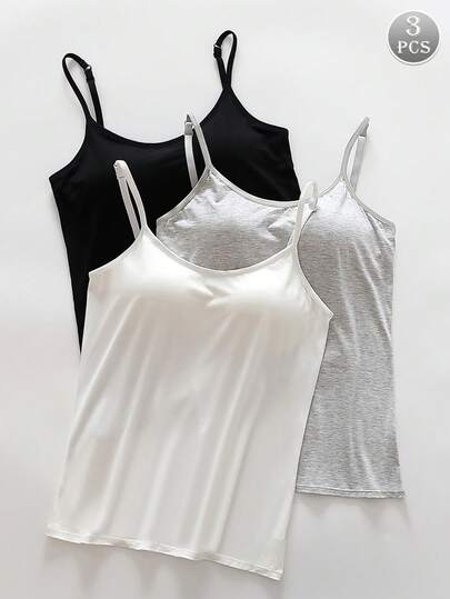 3pcs Women Seamless Camisole Vest Tops, Padded Bra With Spaghetti Strap, Multi-Color
