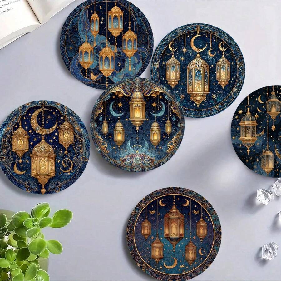 6 pièces/set Dessous de verre en bois imprimés avec motif de lanterne de lune, convient pour la maison, le café, le thé de l'après-midi, la décoration de restaurant, les fêtes à thème, la décoration quotidienne, peut être utilisé comme cadeau, décoration de la maison, décoration de bureau, décoration de fête, disponible en 1 set ou 31 sets - bleu indigo - Voir 1