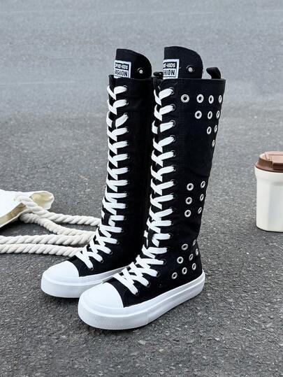 White Canvas Shoes, Mid-Top Sneakers, Children's Canvas Shoes, Spring/Autumn Korean Version, Simple Style, Boys/Girls Shoes, Fashion Low-Top Lace-Up Athletic Shoes, Classic Low-Top Canvas Shoes, Casual Skateboard Children Boots