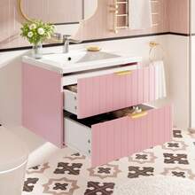 Wall-Hung Vanity Unit With One Basin And Double Storage, Made Of Water-Resistant MDF, Stain-Resistant Ceramic Basin, Melamine Surface Without Lacquer, Space-Saving, Pink