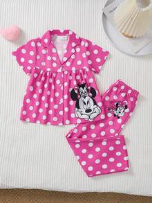 Disney Young Girls Minnie Mouse, Cute Girl, Summer 2-Piece Set - Collared Cardigan Top And Pants, Minnie Mouse Placement Print, Summer Casual Set, Playful Fashion, Breathable Fabric, 2-Piece Outfit, Young Girl Shorts Set, Little Girl Clothing - Hot Pink - View 1