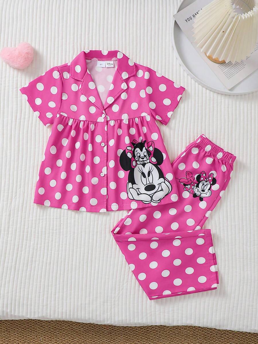 Disney Young Girls Minnie Mouse, Cute Girl, Summer 2-Piece Set - Collared Cardigan Top And Pants, Minnie Mouse Placement Print, Summer Casual Set, Playful Fashion, Breathable Fabric, 2-Piece Outfit, Young Girl Shorts Set, Little Girl Clothing - Hot Pink - View 1