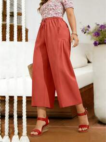 Plus Size Women's Solid Color Pants With Pockets, Fashionable Pleated Design, Drawstring Waist, Loose And Comfortable Wide Leg Pants, Suitable For Outings, Commuting, Casual And Home Wear, Spring/Summer - Coral Orange - View 4