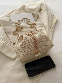 时尚纯色镂空编织链条抽绳迷你斜挎水桶包，小包 - 白色 - 查看 10