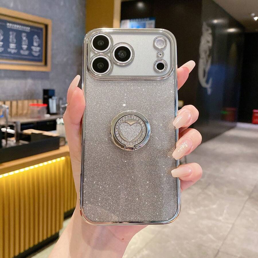 360° Rotating Glitter Rhinestone Phone Holder Case + Full Set Phone Case + Glitter Card Paper + Hidden Holder, Suitable Compatible With Apple 11/12/13/14/15 Pro Max, Galaxy S22/23/24+, OPPO, VIVO, Redmi 13C+, Moto G, Redmi Note 13C/12/11 Pro - Silver - View 1