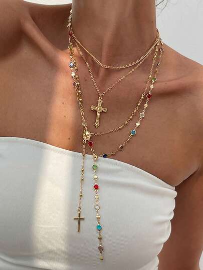 Set de 4 piezas de collar en forma de Y con colgante de cruz de Jesús con incrustaciones de strass de lujo y borlas, versátil y de moda, adecuado para decoración diaria, combinación de atuendos, citas, fiestas y regalos festivos para mujeres
