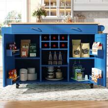 Modern Kitchen Island Table (102*45*92cm), Kitchen Cabinet, Sideboard, Wooden Dining Cart, Buffet, Multifunctional Dining Table With Storage, Blue - Blue - View 4