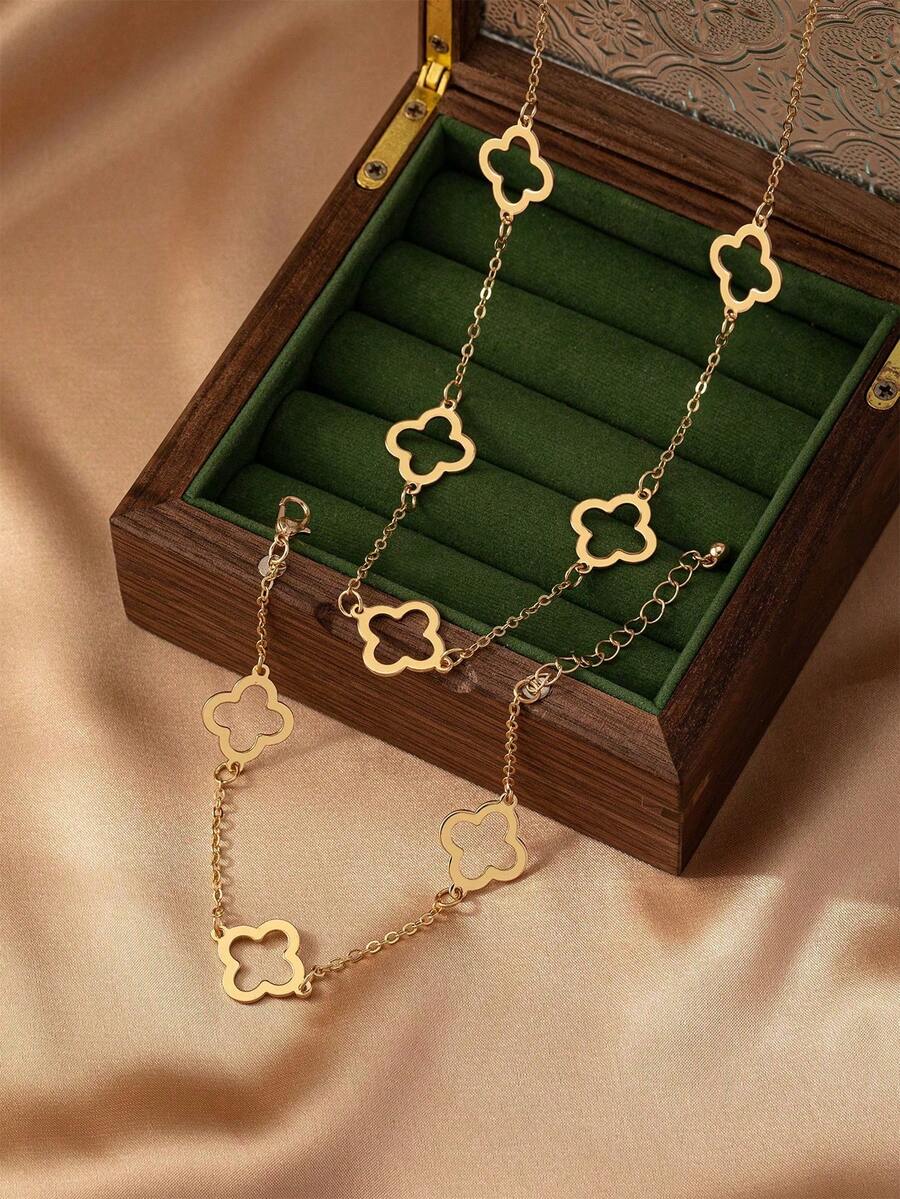 2pcs/Set Fashionable Minimalist Hollow Clover Metal Gold Pendant Necklace & Bracelet Set, Suitable For Teenage Girls Daily & Festival Outfits - Yellow Gold - View 1