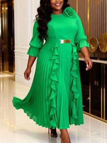大码女式圆领喇叭袖连衣裙，荷叶边下摆，系腰绿色长款派对连衣裙 - 綠色 - 查看 3