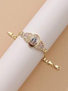 金色瓜达卢佩圣母玛利亚蝴蝶手链，珐琅和立方氧化锆装饰，可调节链条，宗教风格配饰，基督教女性腕饰，祈祷/教堂服饰礼物，耐用铜材质