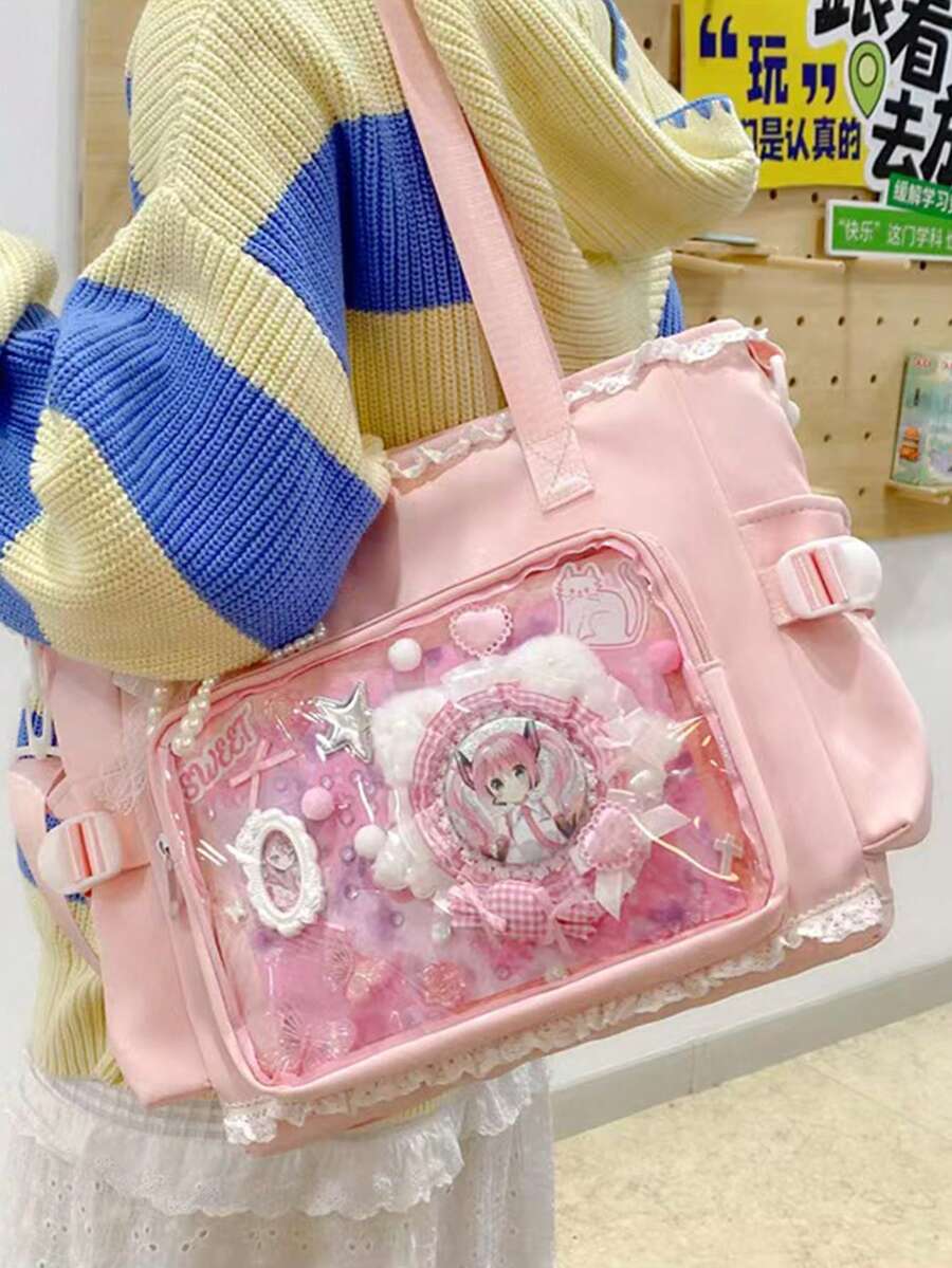 1 chiếc túi đeo vai kiểu Nhật Kawaii viền ren, túi tote cỡ lớn đa năng, có dây đeo điều chỉnh được và tháo rời, phù hợp cho học sinh, người hâm mộ anime, sử dụng hàng ngày, mua sắm, du lịch.