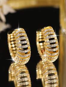 1 đôi bông tai vòng mạ vàng kẻ sọc tuyệt đẹp, đính đá Cubic Zirconia, quà tặng thời trang cho vợ, mẹ nhân dịp sinh nhật, kỷ niệm, đính hôn, trang sức đồng. - Vàng - Xem 11