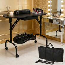 Folding Manicure Table With Lockable Wheels And Bag - 17.5" X 37" Black Tabletop, Iron Plastic MDF, Portable Carrying Bag, Easy Assembly For Mobile Beauticians - 黑色 - 查看 1